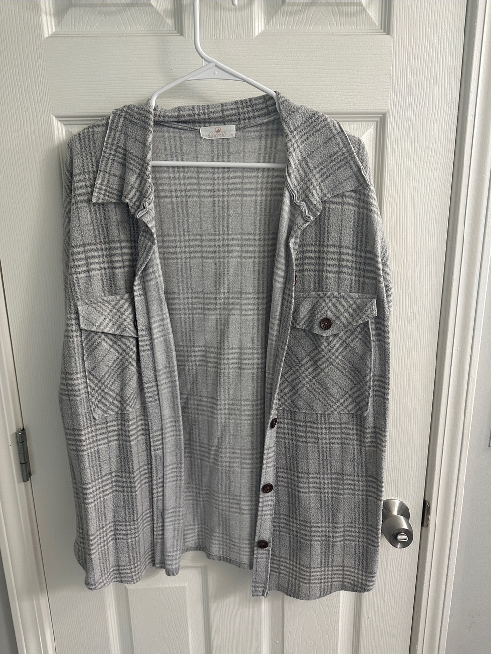 Light Gray Plaid Button-Down Shirt Jacket